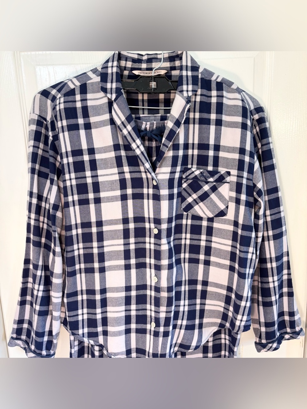VGUC Victoria's Secret Light Flannel Plaid Pajama Set Women Sz S, Navy Off White - Picture 2 of 16